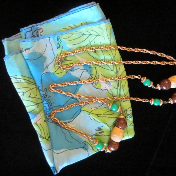 Cadoro Long Chain Necklace Decorated Large Green & Gold Beads Designer Tag Mark - Picture 9 of 14